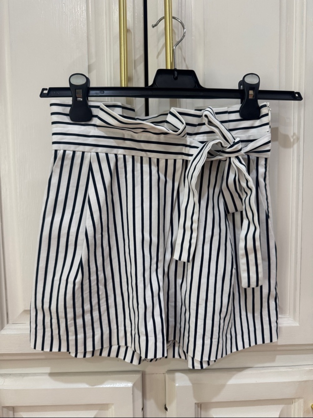 Zara White Shorts with Navy Stripes and Tie-Waist